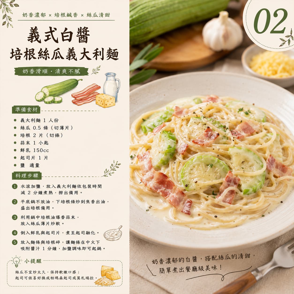 02|義式白醬培根絲瓜義大利麵